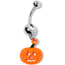 Load image into Gallery viewer, Clear Gem Orange Pumpkin Jack O Lantern Halloween Dangle Belly Ring