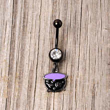 Load image into Gallery viewer, Clear Gem Black Purple Witch Cauldron Halloween Dangle Belly Ring