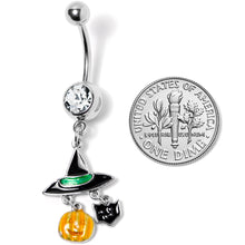 Load image into Gallery viewer, Clear Gem Witch Hat Bat Orange Pumpkin Halloween Dangle Belly Ring