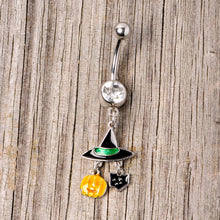 Load image into Gallery viewer, Clear Gem Witch Hat Bat Orange Pumpkin Halloween Dangle Belly Ring