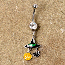 Load image into Gallery viewer, Clear Gem Witch Hat Bat Orange Pumpkin Halloween Dangle Belly Ring
