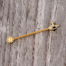 Load image into Gallery viewer, 14G Clear Black Gem Gold Tone Bee Sunflower Industrial Barbell 38mm