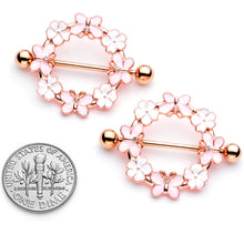 Load image into Gallery viewer, 14G 9/16 Clear Gem Gold Tone Pink Butterfly Nipple Shield Set