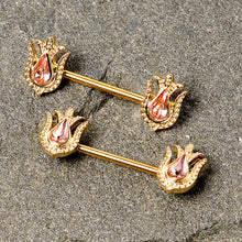 Load image into Gallery viewer, 14G 9/16 Pink Gem Gold Tone Flower Barbell Nipple Ring Set