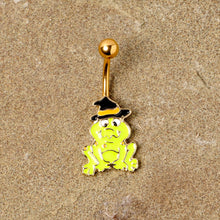 Load image into Gallery viewer, Gold Tone Ghastly Green Frog Witch Hat Halloween Belly Ring