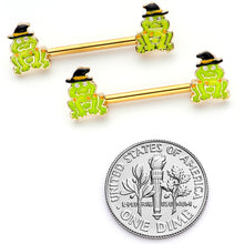 Load image into Gallery viewer, 14G 9/16 Gold Tone Frog Witch Halloween Barbell Nipple Ring Set
