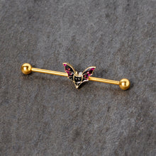 Load image into Gallery viewer, 14G Pink Gem Gold Tone Vamp Bat Halloween Industrial Barbell 38mm