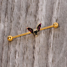 Load image into Gallery viewer, 14G Pink Gem Gold Tone Vamp Bat Halloween Industrial Barbell 38mm