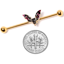 Load image into Gallery viewer, 14G Pink Gem Gold Tone Vamp Bat Halloween Industrial Barbell 38mm