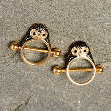 Load image into Gallery viewer, 14G 9/16 Black Gem Gold Tone Barn Owl Nipple Shield Set