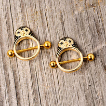 Load image into Gallery viewer, 14G 9/16 Black Gem Gold Tone Barn Owl Nipple Shield Set