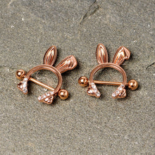 Load image into Gallery viewer, 14G 9/16 Clear Gem Rose Gold Tone Bunny Ear Headphones Nipple Shield Set