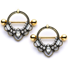 Load image into Gallery viewer, 14G 5/8 Clear Gem Gold Tone Filigree Nipple Shield Set