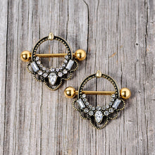 Load image into Gallery viewer, 14G 5/8 Clear Gem Gold Tone Filigree Nipple Shield Set