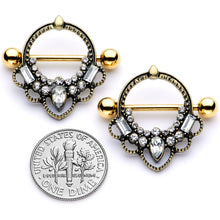 Load image into Gallery viewer, 14G 5/8 Clear Gem Gold Tone Filigree Nipple Shield Set