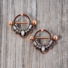 Load image into Gallery viewer, 14G 5/8 Clear Gem Rose Gold Tone Filigree Nipple Shield Set