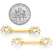Load image into Gallery viewer, 14G 9/16 Aurora Gem Gold Tone Heart Spider Barbell Nipple Ring Set