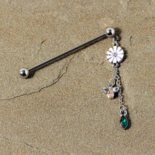 Load image into Gallery viewer, 14G Green Yellow Gem Flower Bee Dangle Industrial Barbell 38mm