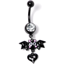 Load image into Gallery viewer, Clear Gem Black Heart Vampire Bat Halloween Dangle Belly Ring