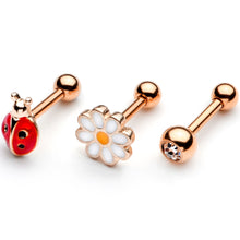 Load image into Gallery viewer, 16G 1/4 Clear Gem Rose Gold Hue Ladybug Cartilage Tragus Set of 3