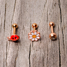 Load image into Gallery viewer, 16G 1/4 Clear Gem Rose Gold Hue Ladybug Cartilage Tragus Set of 3
