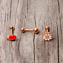 Load image into Gallery viewer, 16G 1/4 Clear Gem Rose Gold Hue Ladybug Cartilage Tragus Set of 3