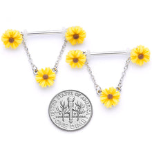Load image into Gallery viewer, 14G 5/8 Yellow Sunflowers Dangle Nipple Ring Set