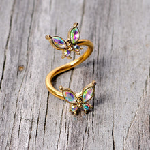 Load image into Gallery viewer, 14G 3/8 Aurora Gem Gold Tone Butterfly Spiral Twister Belly Ring