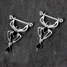 Load image into Gallery viewer, 14G 9/16 Black Gem Spider Halloween Dangle Nipple Ring Set