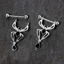 Load image into Gallery viewer, 14G 9/16 Black Gem Spider Halloween Dangle Nipple Ring Set