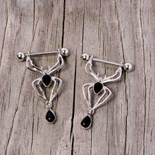 Load image into Gallery viewer, 14G 9/16 Black Gem Spider Halloween Dangle Nipple Ring Set
