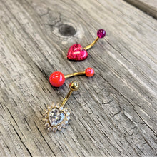 Load image into Gallery viewer, Clear Gem Gold Tone Pink UV Glow Heart Belly Ring Set of 3