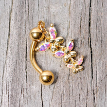 Load image into Gallery viewer, Aurora Gem Gold Tone Butterflies Top Mount Dangle Belly Ring
