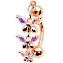 Load image into Gallery viewer, Aurora Gem Rose Gold Tone Butterflies Top Mount Dangle Belly Ring