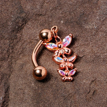 Load image into Gallery viewer, Aurora Gem Rose Gold Tone Butterflies Top Mount Dangle Belly Ring