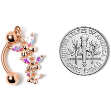 Load image into Gallery viewer, Aurora Gem Rose Gold Tone Butterflies Top Mount Dangle Belly Ring