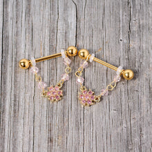 Load image into Gallery viewer, 14G 5/8 Pink Gem Gold Tone Dainty Flower Dangle Nipple Ring Set