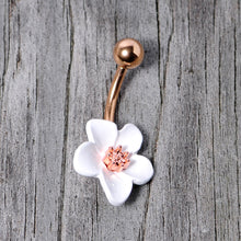 Load image into Gallery viewer, Rose Gold Tone Spring Blossom Pretty White Flower Belly Ring