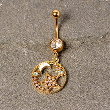 Load image into Gallery viewer, Clear Aurora Gem Gold Tone Circle Star Moon Dangle Belly Ring