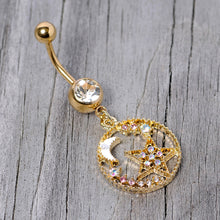 Load image into Gallery viewer, Clear Aurora Gem Gold Tone Circle Star Moon Dangle Belly Ring