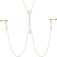 Load image into Gallery viewer, 14G 5/8 Clear Gem Gold Tone Heart Star Nipple Chain Necklace