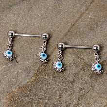 Load image into Gallery viewer, 14G 5/8 Blue Eyeball Hand Halloween Dangle Nipple Ring Set