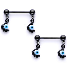 Load image into Gallery viewer, 14G 5/8 Black Blue Eyeball Hand Halloween Dangle Nipple Ring Set
