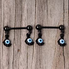 Load image into Gallery viewer, 14G 5/8 Black Blue Eyeball Hand Halloween Dangle Nipple Ring Set