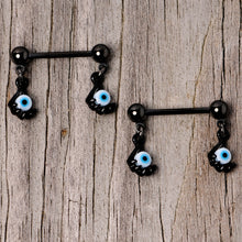 Load image into Gallery viewer, 14G 5/8 Black Blue Eyeball Hand Halloween Dangle Nipple Ring Set