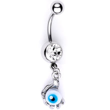 Load image into Gallery viewer, Clear Gem Blue Eyeball Hand Halloween Dangle Belly Ring