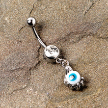Load image into Gallery viewer, Clear Gem Blue Eyeball Hand Halloween Dangle Belly Ring