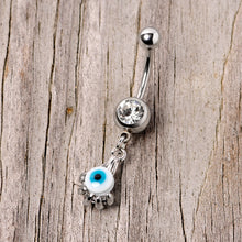 Load image into Gallery viewer, Clear Gem Blue Eyeball Hand Halloween Dangle Belly Ring