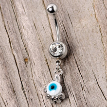 Load image into Gallery viewer, Clear Gem Blue Eyeball Hand Halloween Dangle Belly Ring