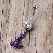Load image into Gallery viewer, Clear Black Gem Purple Witch Hat Halloween Dangle Belly Ring